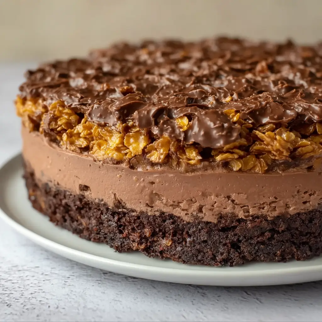 Side view of a layered cornflake chocolate cake on a white plate, with a fudgy brownie base, smooth chocolate center, and thick topping of golden cornflakes coated in melted chocolate.