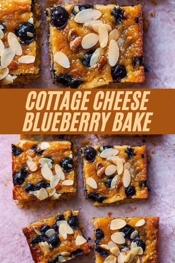 Golden baked cottage cheese bars studded with blueberries and topped with sliced almonds on parchment paper.