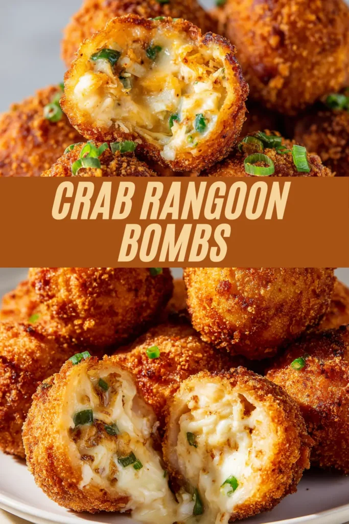 Crispy fried crab rangoon bombs filled with creamy crab and cheese mixture, garnished with sliced green onions on a plate.