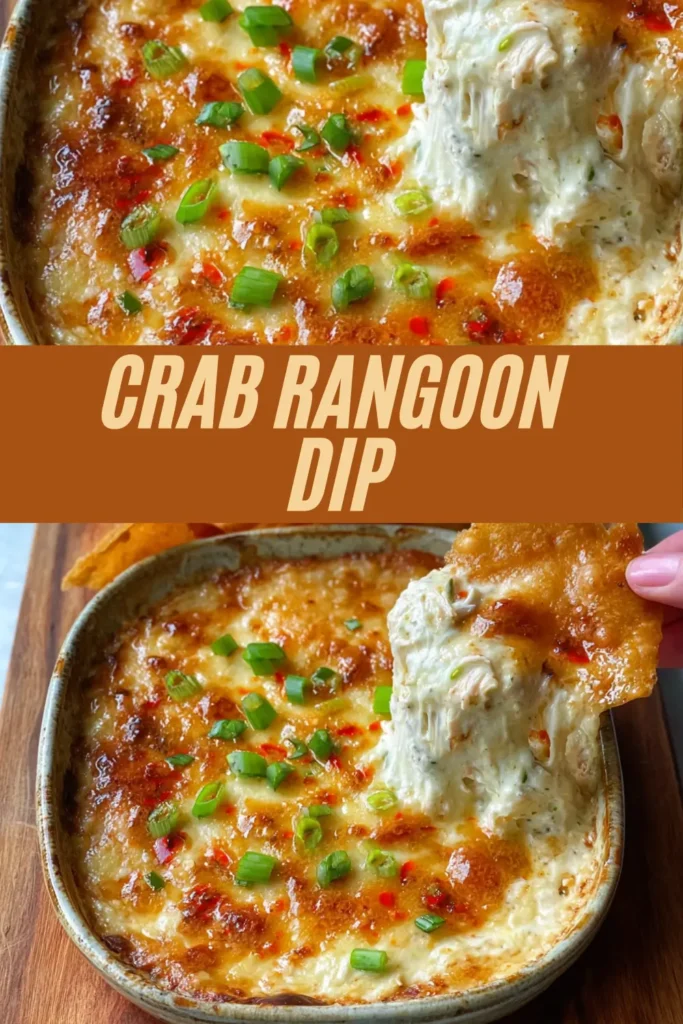A vertically formatted image advertising "CRAB RANGOON DIP," showing the baked dip topped with melted cheese and scallions, with a hand scooping a generous amount onto a crispy wonton dipper in the lower half.