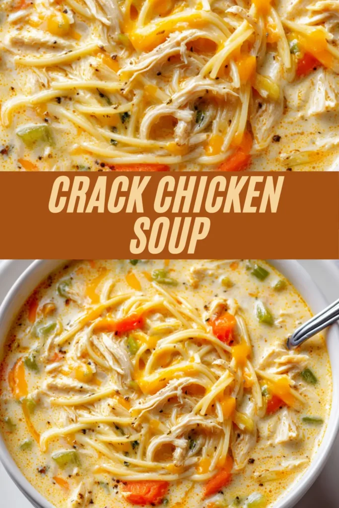 Creamy crack chicken soup with shredded chicken, spaghetti noodles, carrots, celery, and melted cheddar cheese in a white bowl.