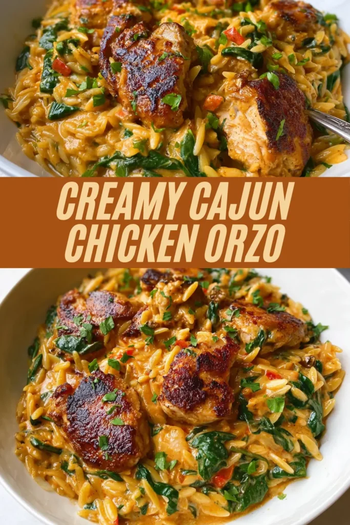 Creamy Cajun chicken orzo with seared chicken pieces, spinach, and bell peppers in a spicy cream sauce served in a white bowl.