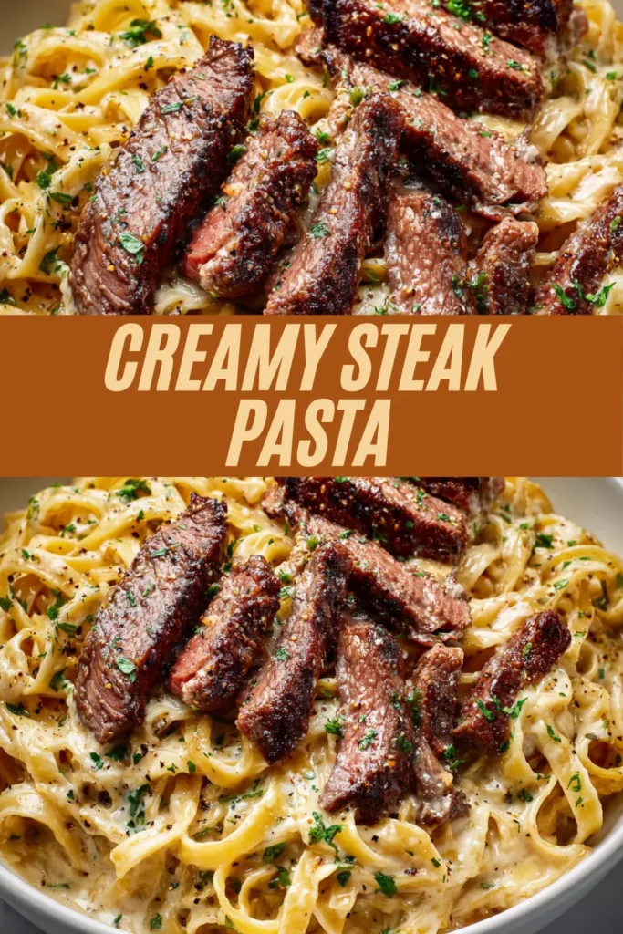 Bowl of fettuccine coated in creamy sauce and topped with sliced seared steak sprinkled with parsley and black pepper.