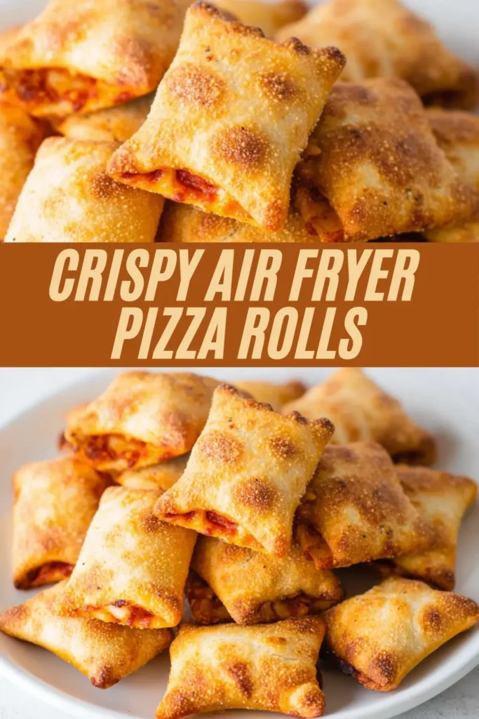 Pile of golden-brown air-fried pizza rolls with bubbly, crisped dough and cheesy tomato filling peeking out.