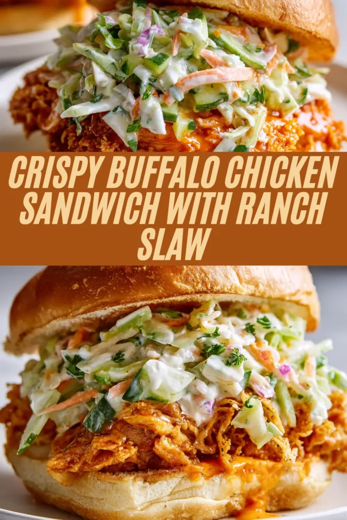 Graphic featuring a crispy buffalo chicken sandwich on a toasted bun, piled with shredded spicy chicken, creamy ranch-dressed slaw with cabbage and carrots, and a bold central banner reading “Crispy Buffalo Chicken Sandwich with Ranch Slaw” in large cream letters.