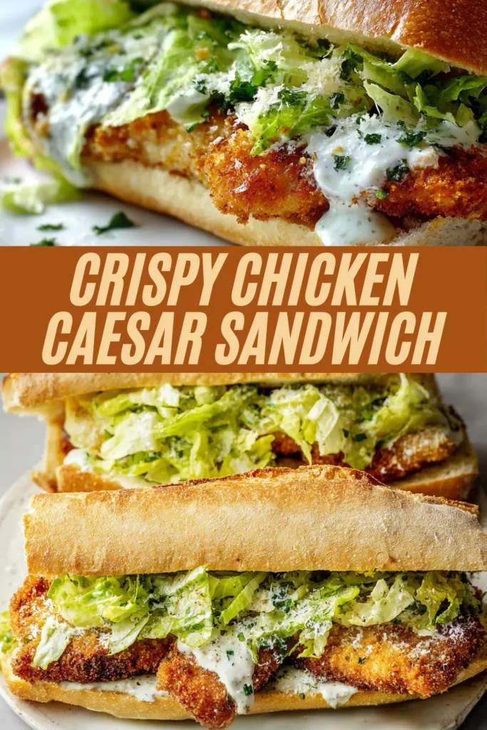 Promotional image titled "CRISPY CHICKEN CAESAR SANDWICH," showing the sandwich from two angles, highlighting the breaded chicken, lettuce, dressing, and crusty roll.