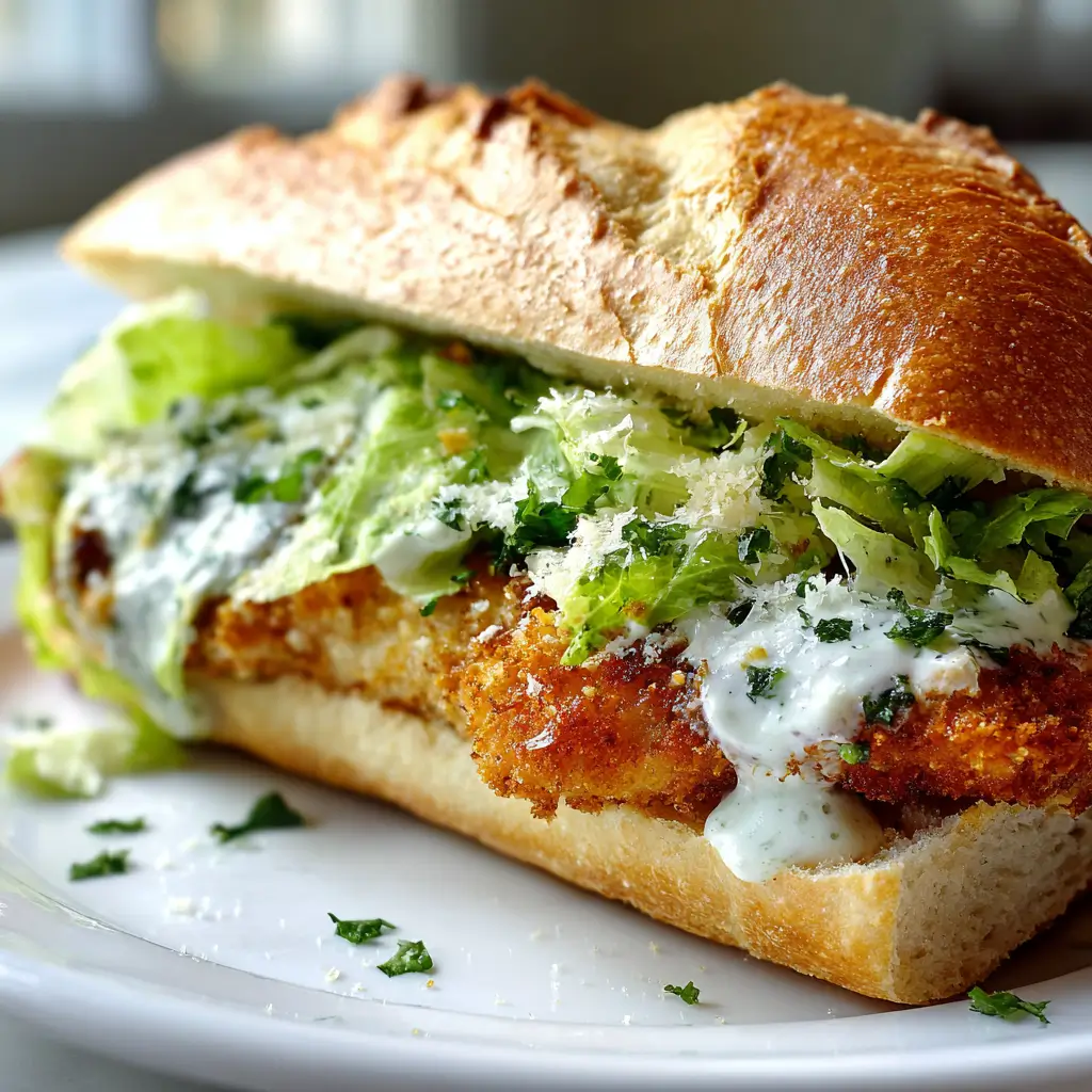 A large Crispy Chicken Caesar Sandwich served on a white plate, featuring a golden-brown breaded chicken cutlet, crisp green lettuce, creamy Caesar dressing, and grated Parmesan cheese on a long Italian roll.