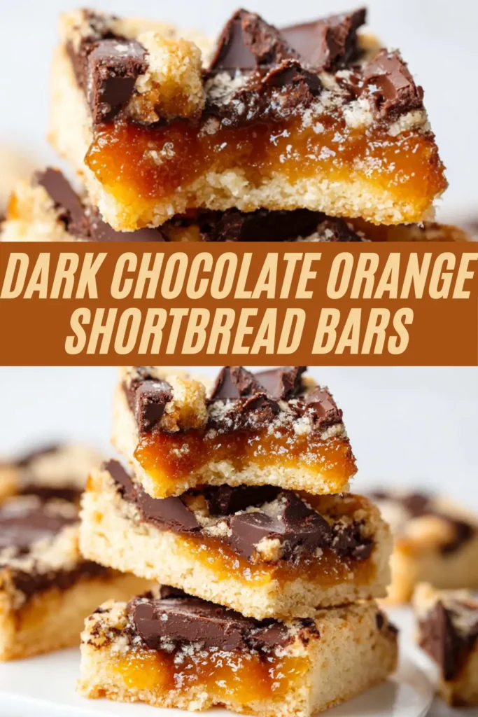 Recipe card for dark chocolate orange shortbread bars showing ingredients list and step-by-step baking instructions.