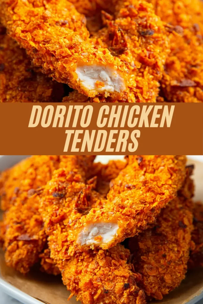 Dorito chicken tenders recipe with crispy orange Dorito crust and juicy white meat chicken stacked on a platter.