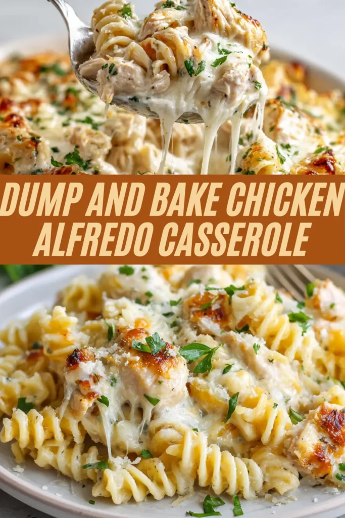 Spoonful of cheesy chicken Alfredo pasta being lifted from a baked casserole dish.