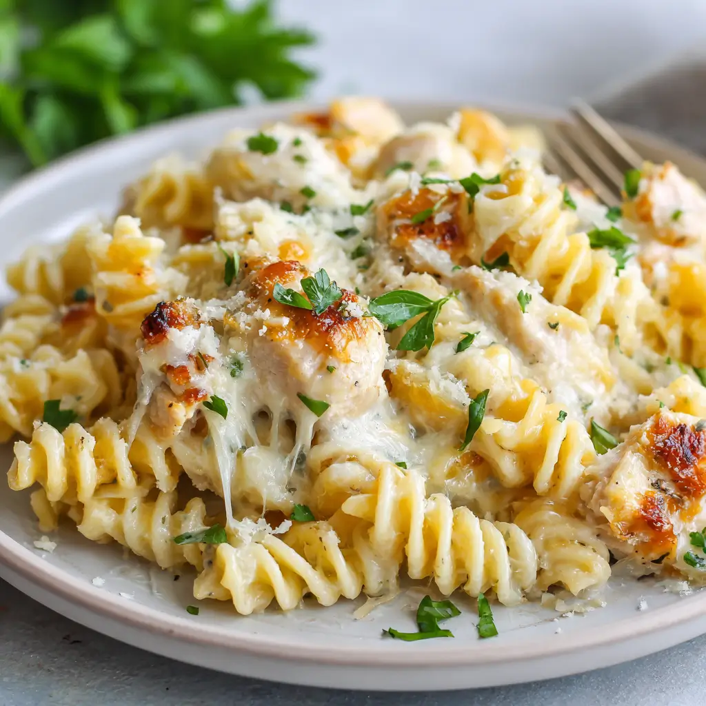 Plate of rotini pasta baked in creamy Alfredo sauce with browned chicken pieces and melted cheese, garnished with chopped parsley.