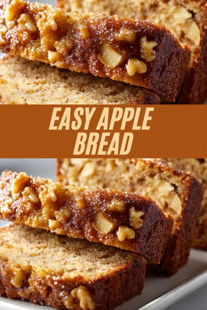 Recipe card for easy apple bread packed with diced apples, walnuts, and cinnamon streusel topping for moist crumb.