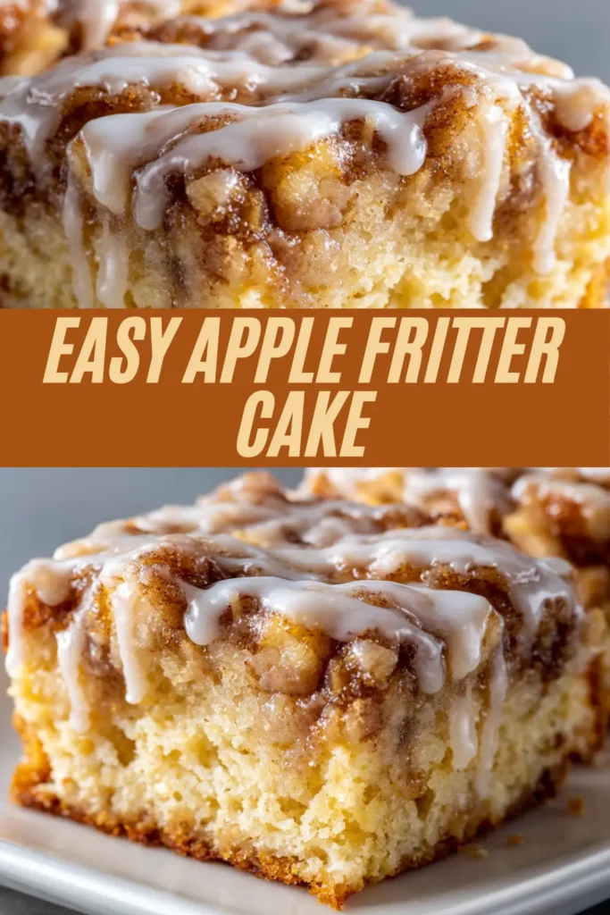 Easy apple fritter cake recipe with moist vanilla cake, cinnamon-spiced apple topping, and sweet glazed icing drizzled over each slice.