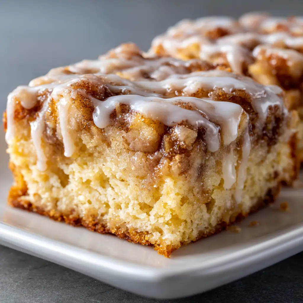 Easy apple fritter cake with moist vanilla crumb, cinnamon-apple topping, and sweet glaze drizzled over each slice.
