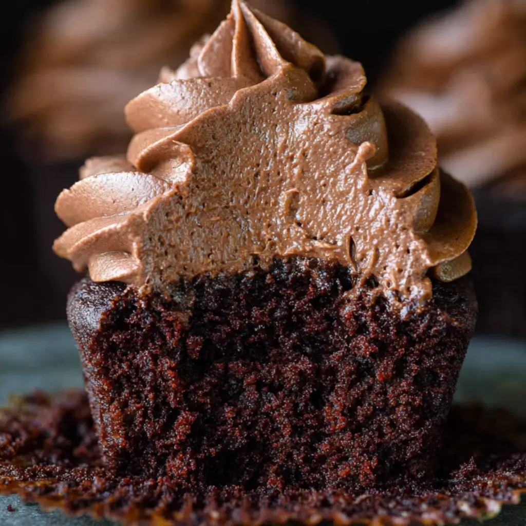 Half chocolate cupcake showing moist chocolate crumb topped with tall swirls of rich, creamy chocolate frosting.