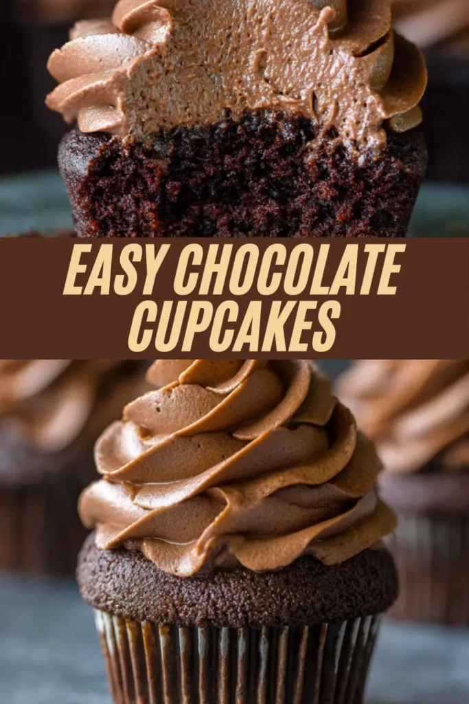Easy chocolate cupcakes topped with tall swirls of creamy chocolate frosting, including one cupcake with a bite taken out to show the moist crumb.