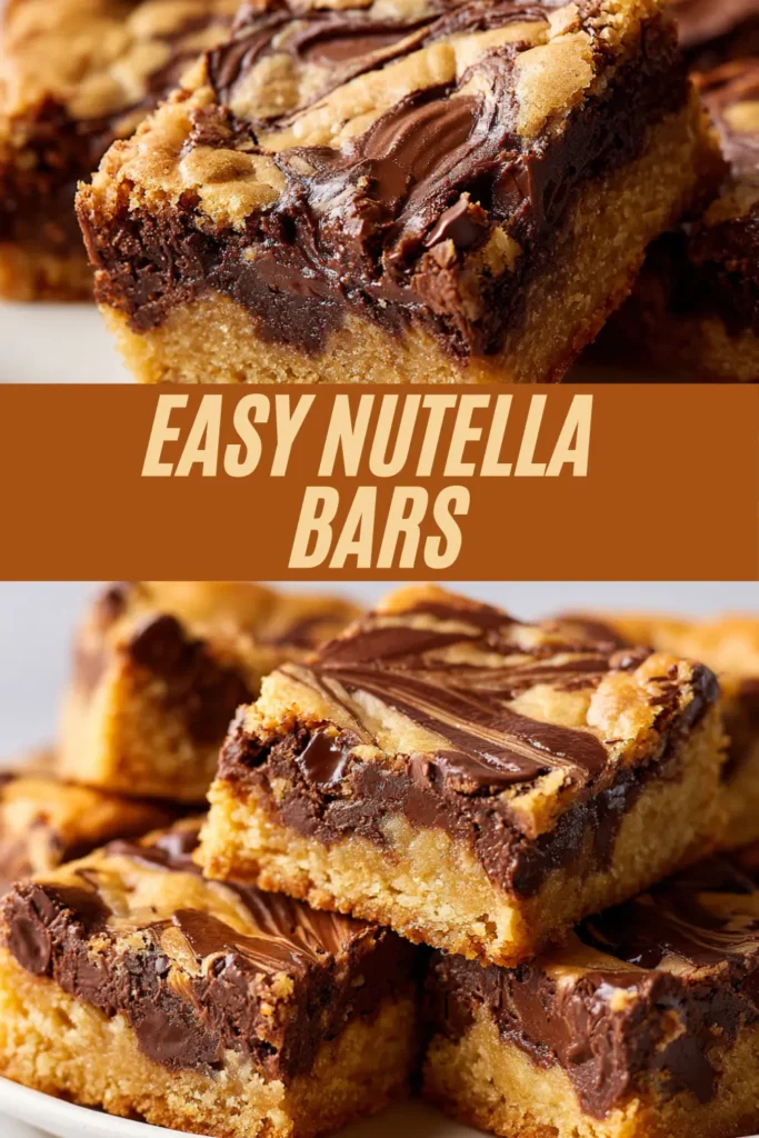 Easy Nutella bar with a thick, golden cookie base and swirled Nutella topping, cut into squares and stacked on a plate.