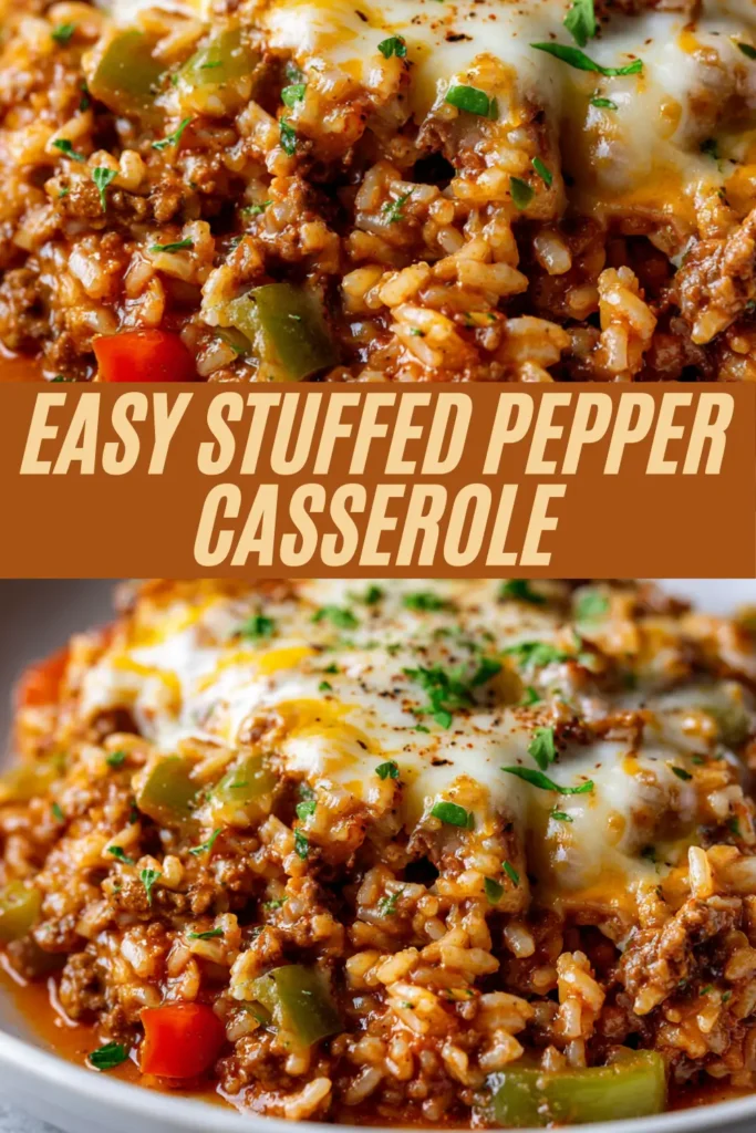 Recipe card for easy stuffed pepper casserole with ground beef, rice, bell peppers, tomato sauce, and melted cheese.