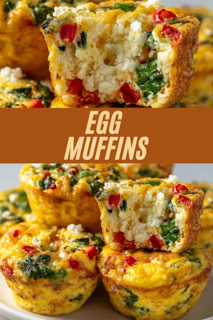 Vegetable egg muffins with spinach, red bell pepper, and feta baked in a muffin tin and stacked on a plate.