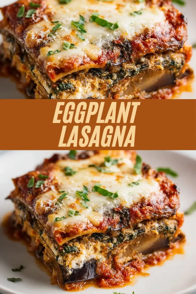 Recipe card for eggplant lasagna layers with melted cheese, fresh parsley, tomato sauce, and roasted eggplant slices.