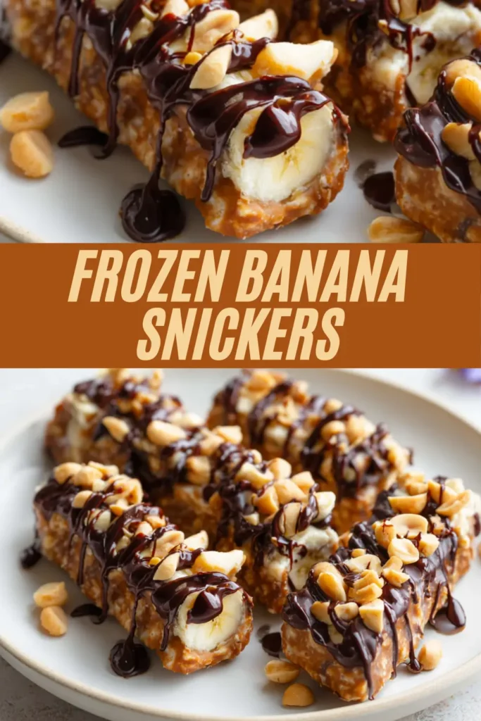 Frozen banana Snickers made from banana pieces coated in peanut butter and nuts, then drizzled with chocolate sauce on a white plate.