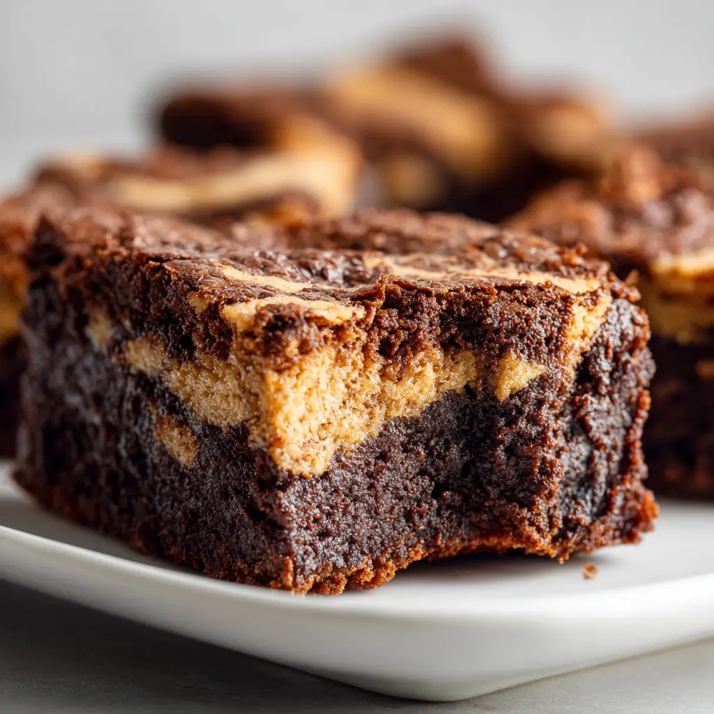 Thick brownie square with rich chocolate layers and a golden gingerbread swirl on top.