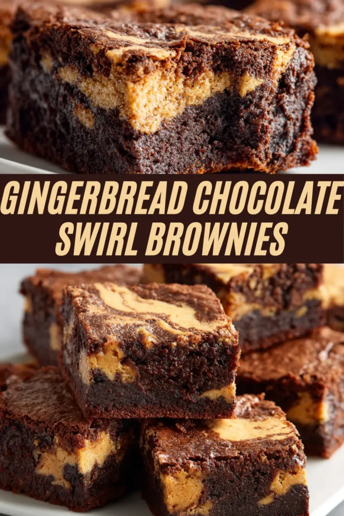 Thick fudgy brownies with golden gingerbread batter swirled through the dark chocolate layers, cut into squares on a plate.