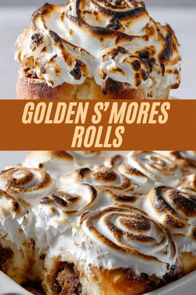 Golden s’mores rolls recipe with fluffy swirled rolls topped with toasted marshmallow meringue and filled with gooey chocolate and graham crumbs.