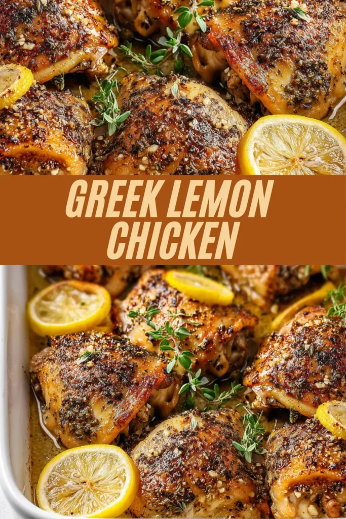 Greek lemon chicken thighs baked with garlic, herbs, and lemon slices in a white pan, garnished with fresh thyme.