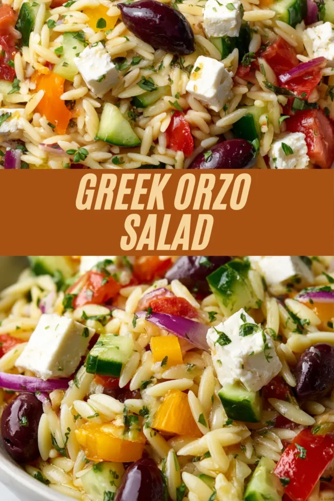 Greek orzo salad recipe with orzo pasta, cucumber, tomatoes, bell peppers, red onion, Kalamata olives, and feta cubes tossed with herbs in a bowl.