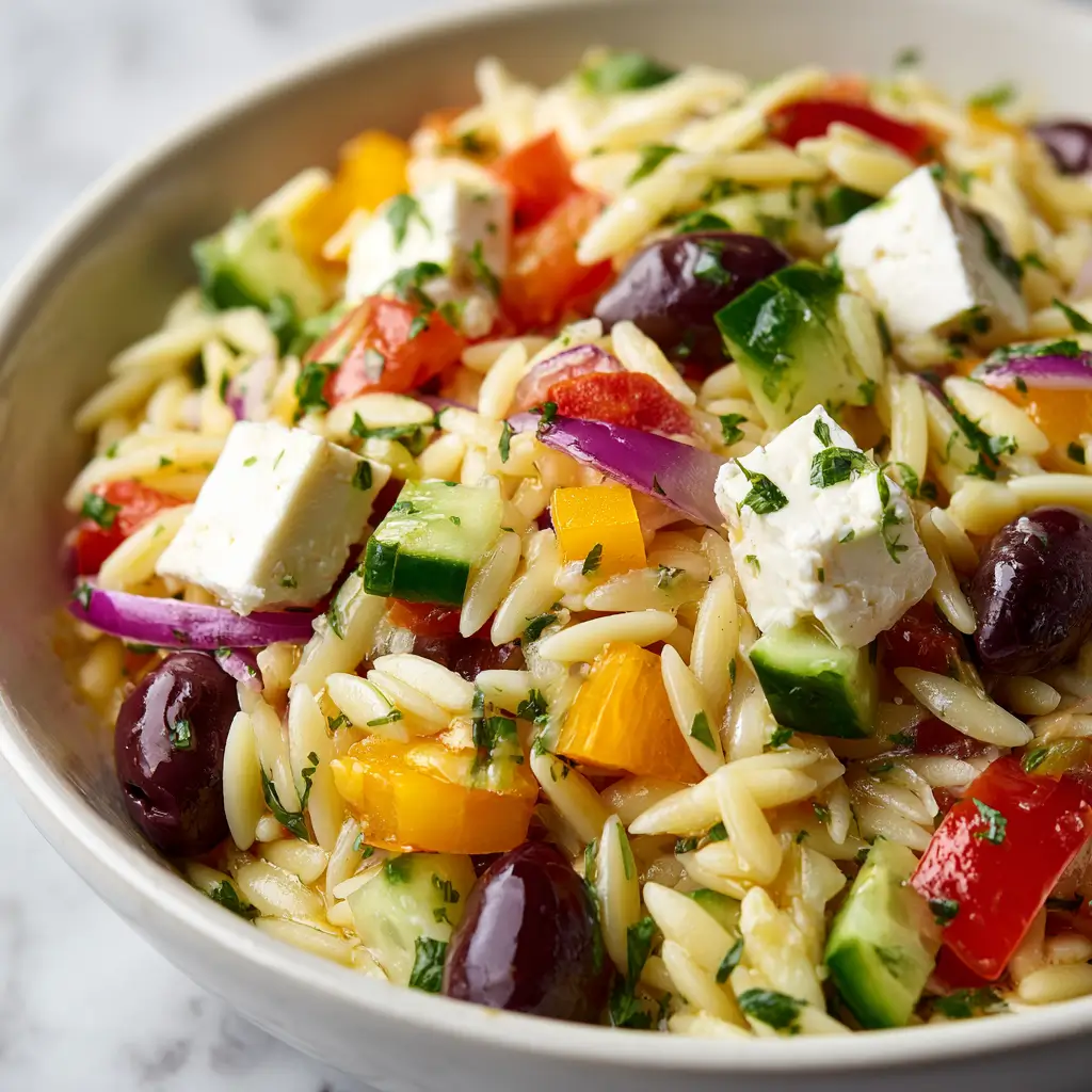 Greek orzo salad with orzo pasta, cucumber, bell pepper, tomato, red onion, Kalamata olives, and feta tossed in a fresh herb dressing in a bowl.