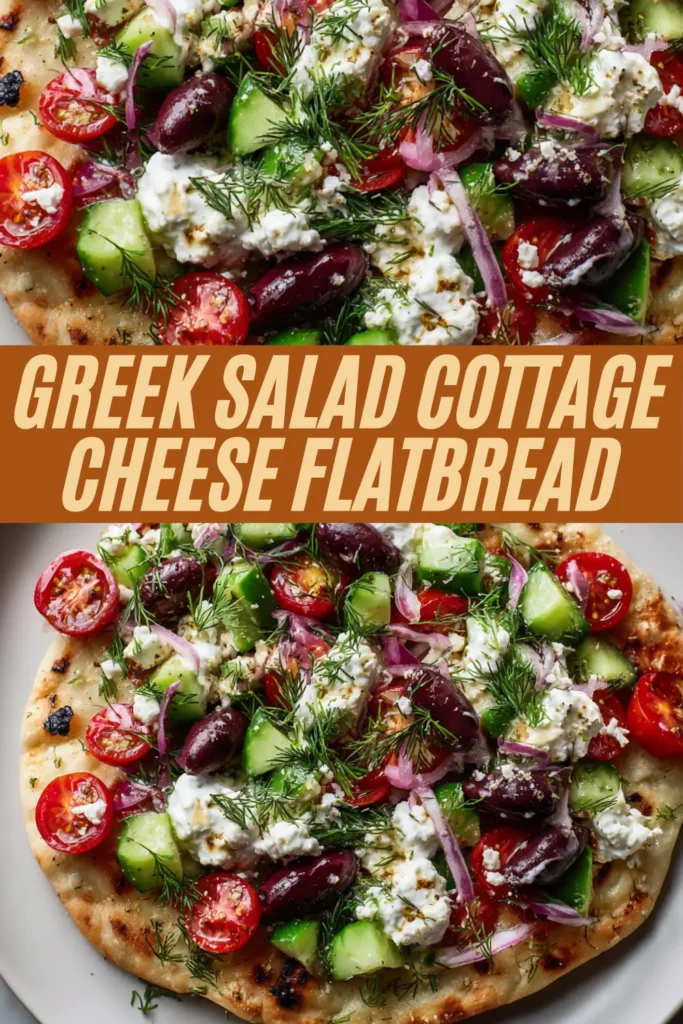 Toasted flatbread topped with cottage cheese, cucumbers, cherry tomatoes, Kalamata olives, red onion, and fresh dill.