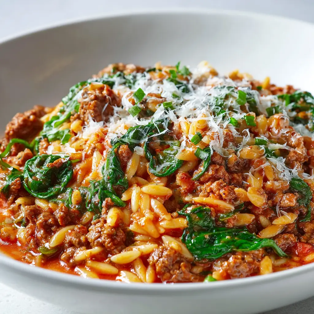 Ground beef orzo with tomato sauce close-up showing tender orzo, rich meat sauce, wilted spinach, and grated cheese in a shallow bowl.
