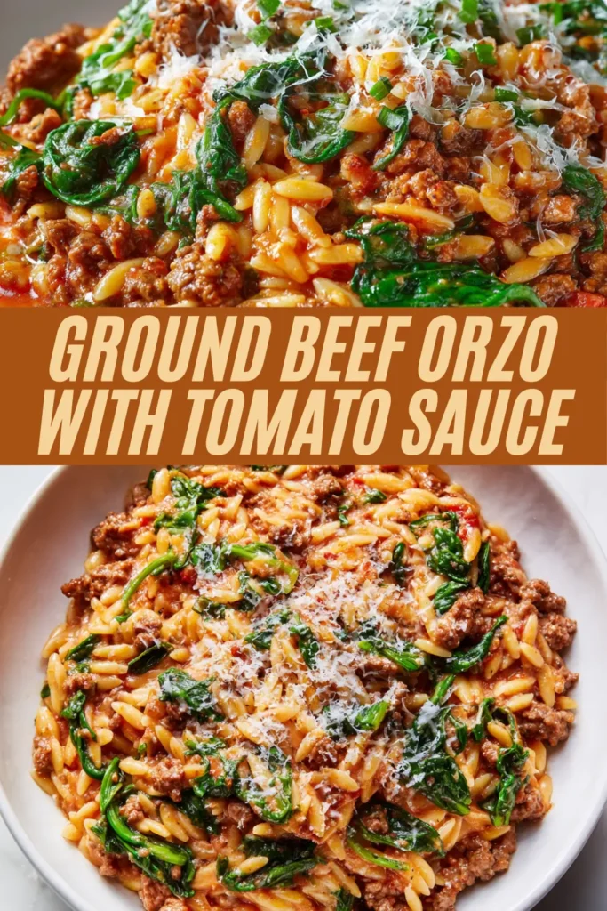 Ground beef orzo with tomato sauce recipe featuring orzo pasta, seasoned ground beef, spinach, and parmesan in a rich tomato sauce.