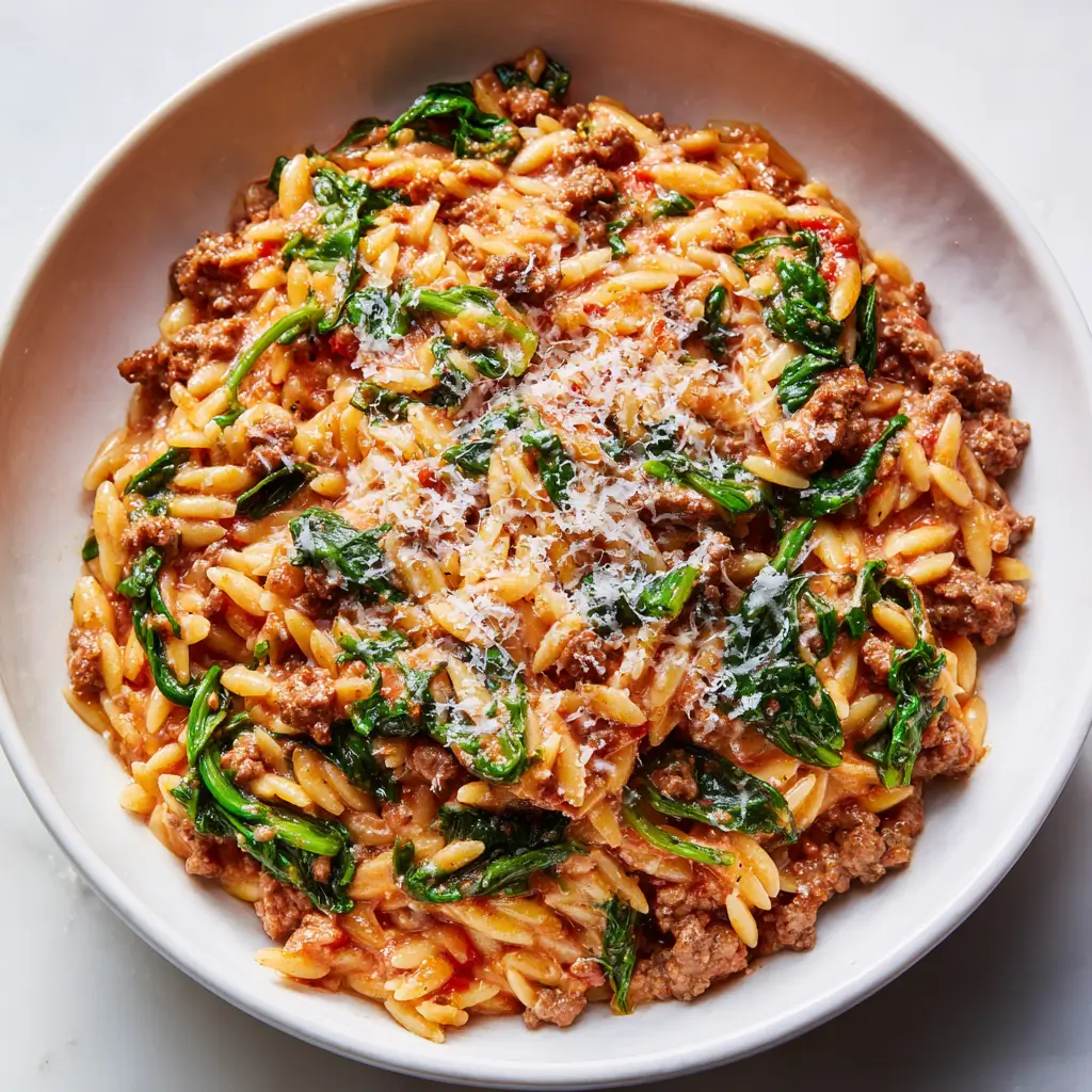 Bowl of ground beef orzo with tomato sauce and wilted spinach topped with grated Parmesan cheese.