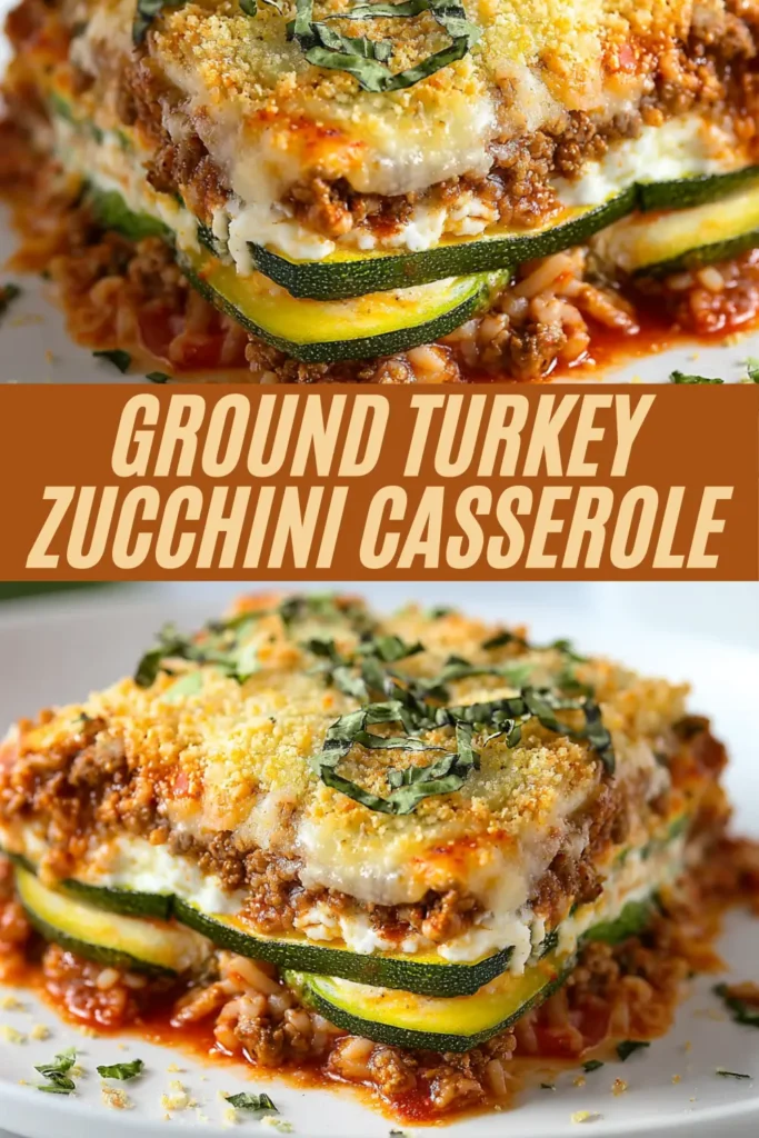 Slice of layered ground turkey zucchini casserole with zucchini planks, ricotta, marinara, and melted cheese, topped with breadcrumbs and fresh basil.