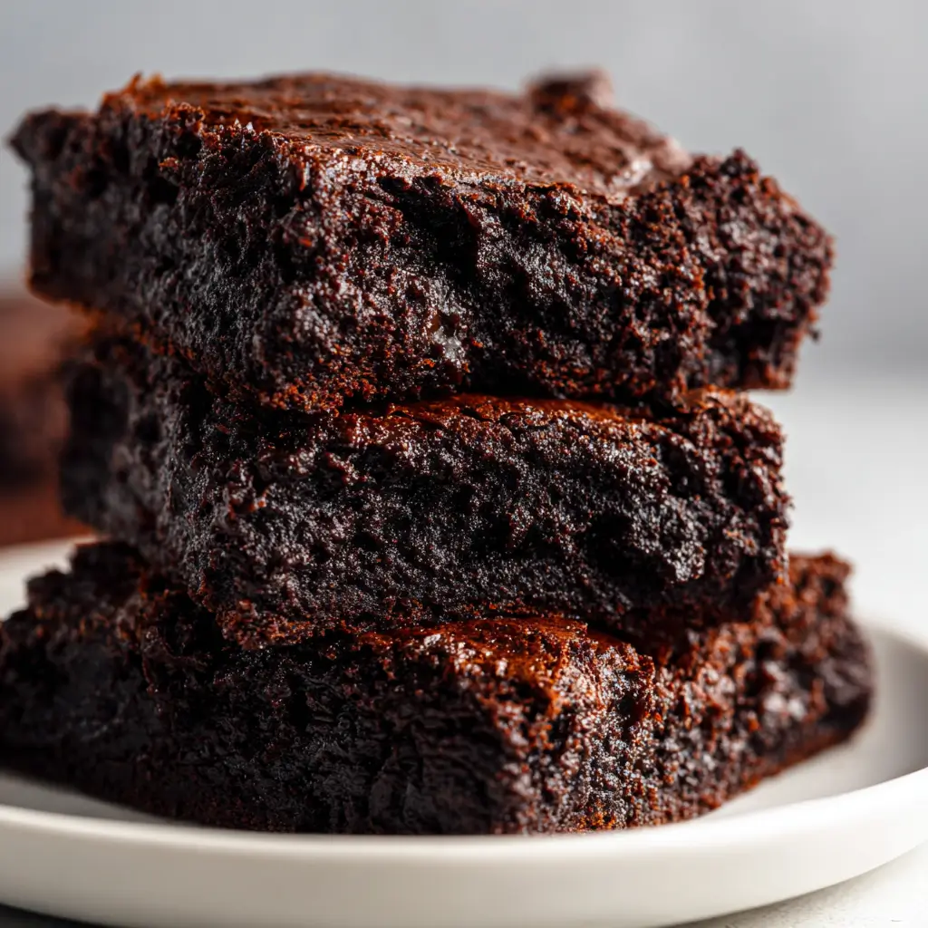 Stack of fudgy healthy zucchini brownies on a plate, showing their rich, dark chocolate interior.