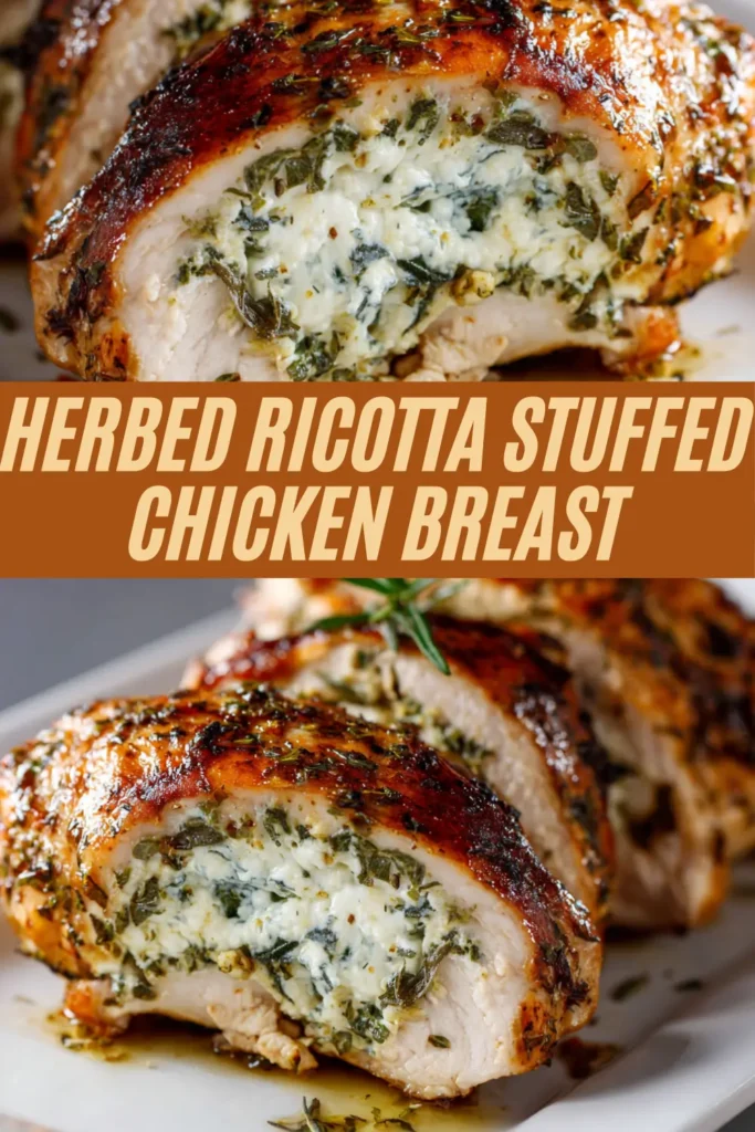 Sliced herbed ricotta stuffed chicken breast with golden, seasoned skin and a creamy spinach and ricotta filling on a white serving platter.