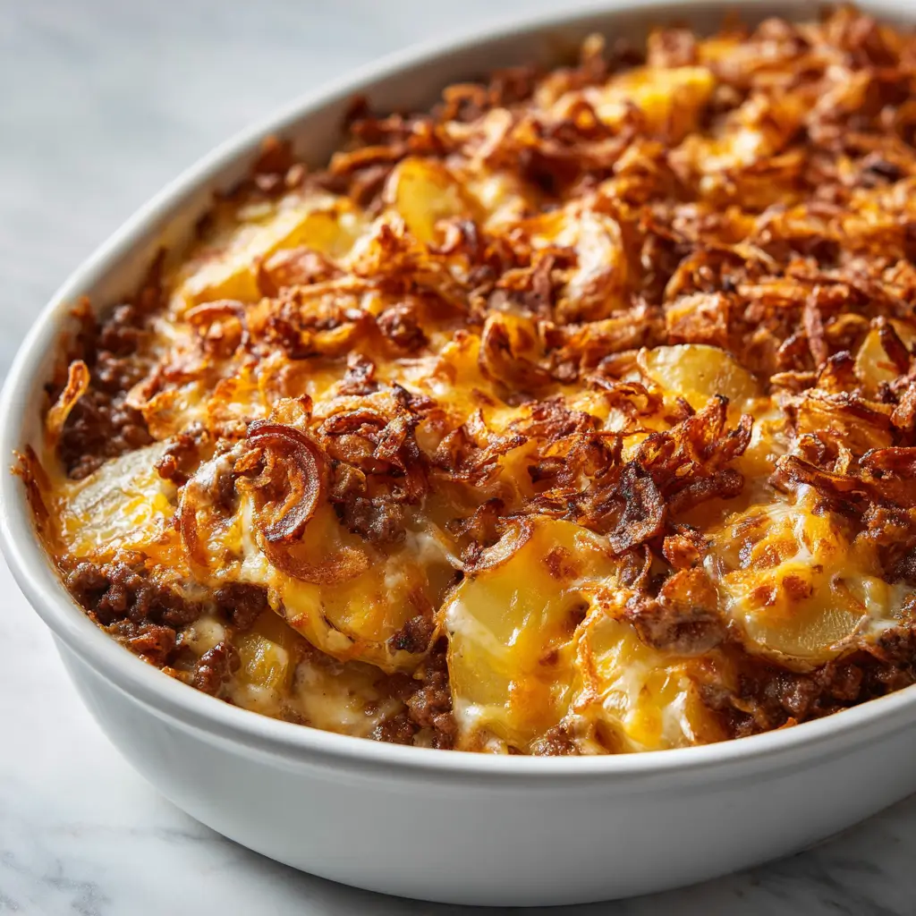 Baked hobo casserole with layers of ground beef, sliced potatoes, melted cheese, and crispy fried onions in a white baking dish.