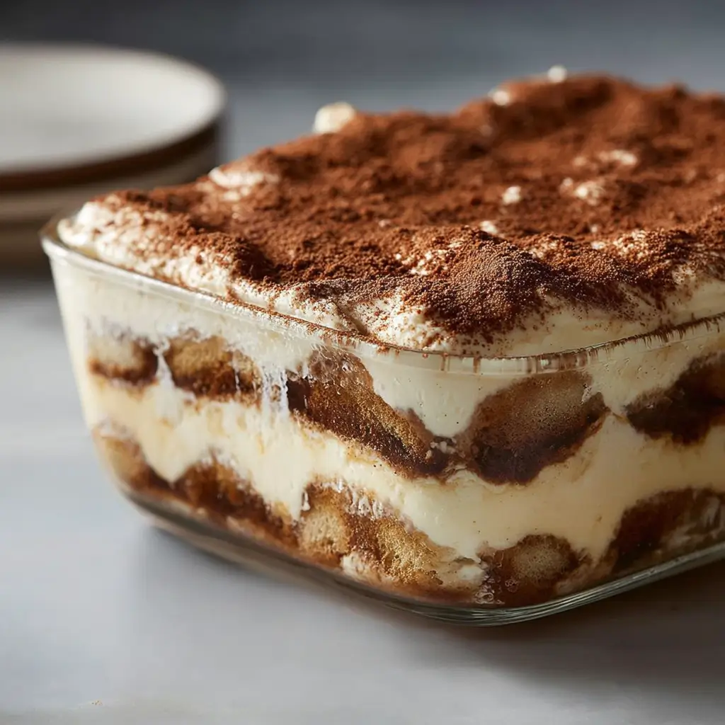 A glass baking dish containing Homemade Gingerbread Tiramisu, displaying clear layers of creamy white mascarpone filling and spice-soaked gingerbread, dusted with cocoa powder.