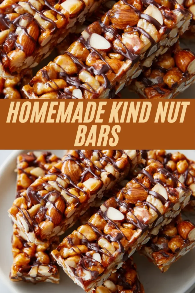 Recipe card for copycat KIND nut bars with almonds, honey, and dark chocolate drizzle instructions.