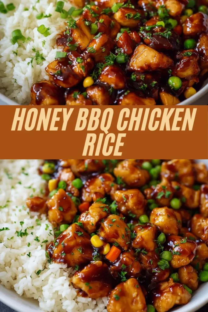 Bowl filled with fluffy white rice and bite-size pieces of honey BBQ chicken coated in glossy sauce, mixed with peas, corn, and carrots, with a bold banner in the center reading “Honey BBQ Chicken Rice” in cream-colored letters.