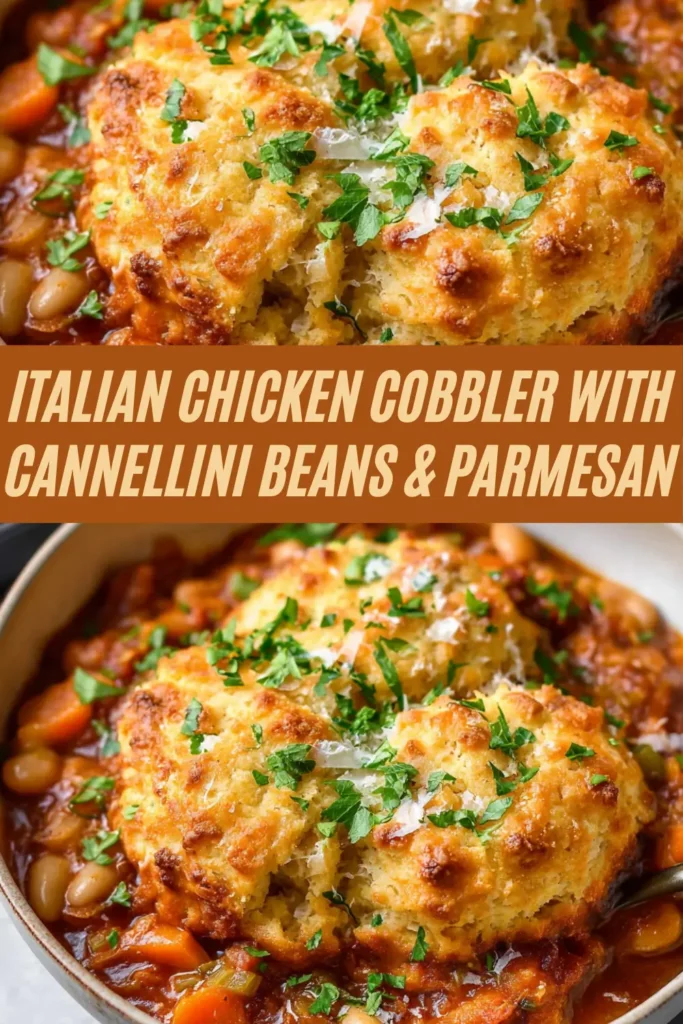 Recipe card for Italian chicken cobbler featuring shredded chicken, cannellini beans, carrots in tomato sauce topped with cheesy Parmesan biscuit dumplings.