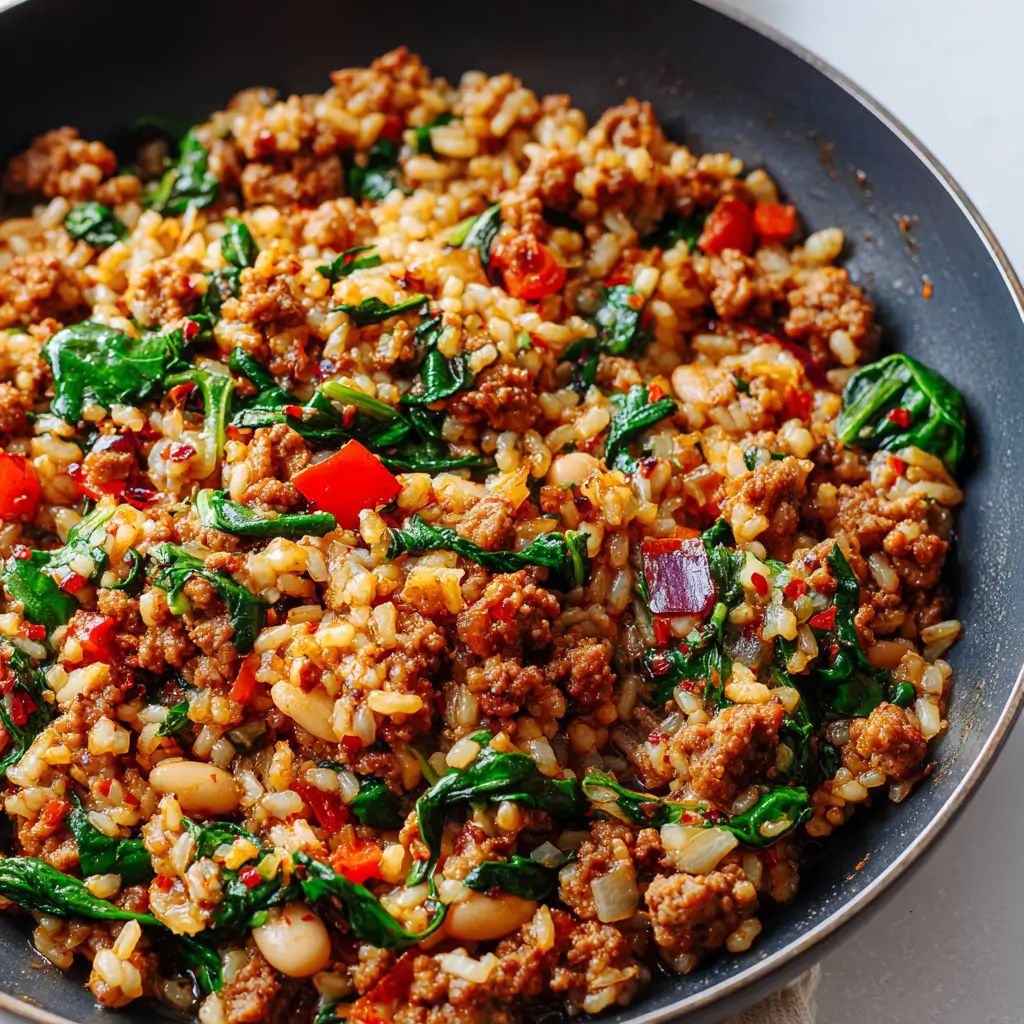 A set of food images showcasing six diverse recipes, including a savory Italian Sausage and Rice Skillet, a creamy Crab Rangoon Dip, a healthy Cabbage Soup, a buttery Shrimp Scampi, a cheesy Chicken Spaghetti Bake, and a sweet Peach French Toast Bake.