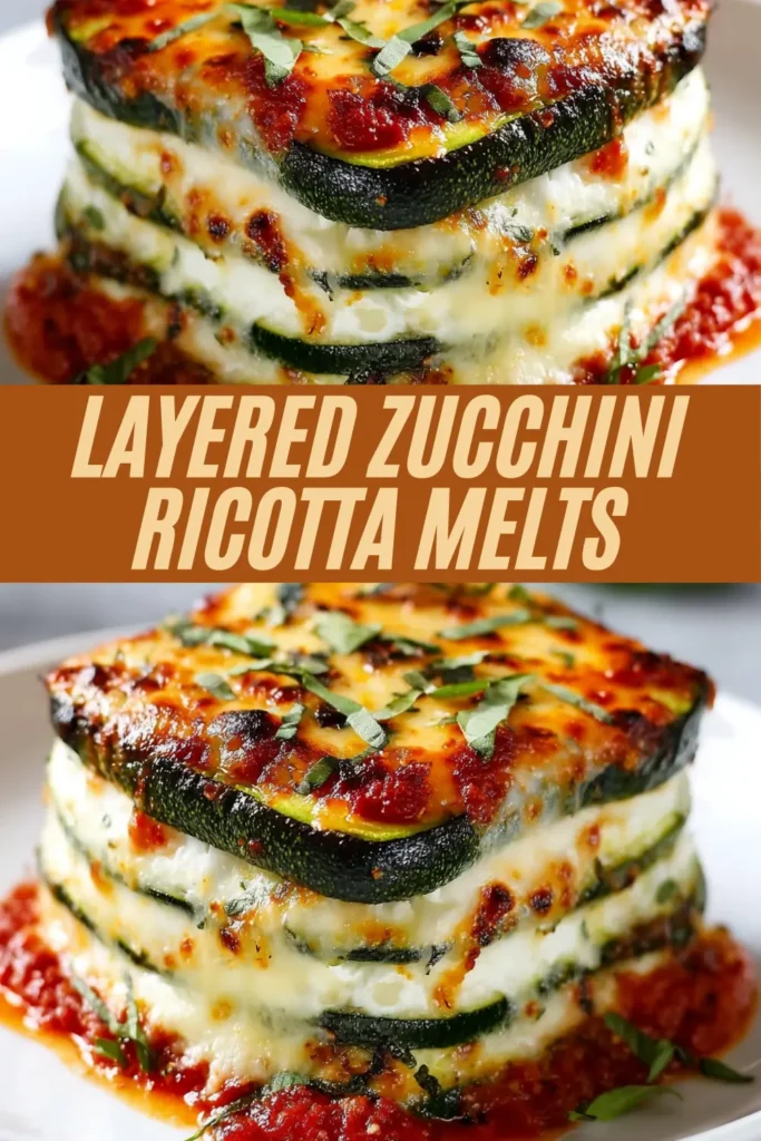 Close-up of a tall stack of roasted zucchini slices layered with creamy ricotta and melted cheese, sitting in marinara sauce and topped with fresh basil.