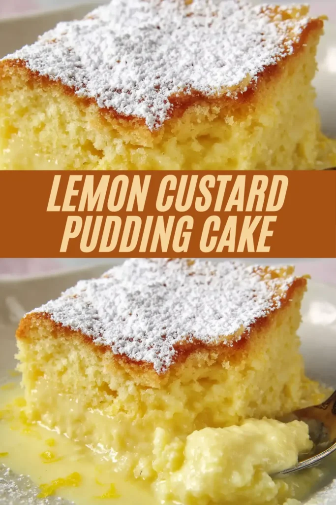 Recipe card for lemon custard pudding cake with powdered sugar topping and creamy lemon filling.