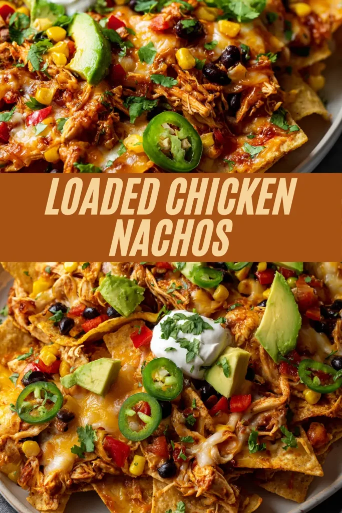 Loaded chicken nachos recipe with tortilla chips topped with shredded chicken, melted cheese, corn, black beans, jalapeƱos, avocado, and sour cream.