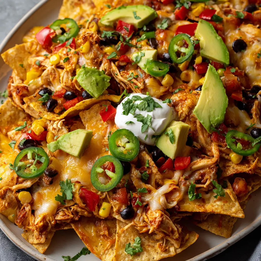 Loaded chicken nachos piled with shredded chicken, melted cheese, black beans, corn, jalapeños, avocado, salsa, and sour cream on tortilla chips.