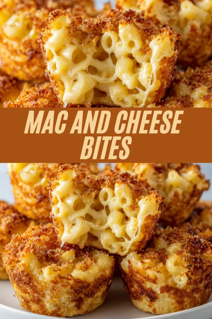 Mac and cheese bites recipe with crispy golden crust and creamy macaroni-and-cheese centers stacked on a plate.