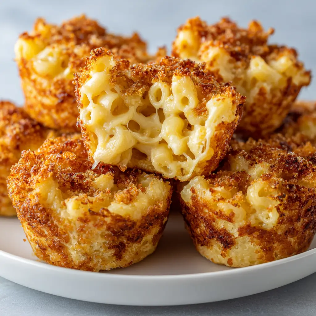 Golden-brown mac and cheese bites stacked on a plate, showing a crispy breadcrumb crust and gooey macaroni-and-cheese center.
